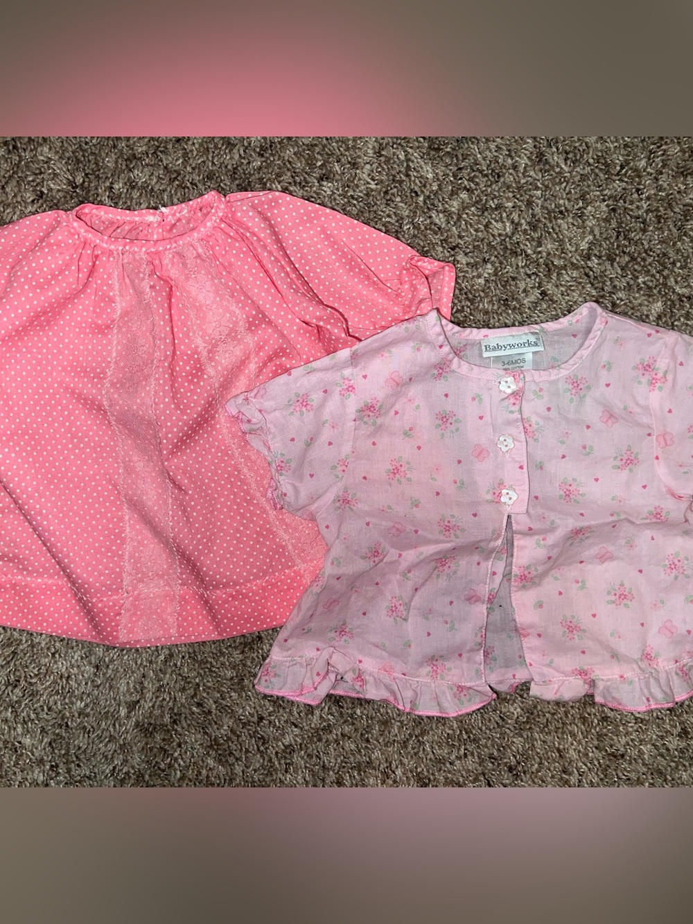 Vintage Baby Bundle 3/6M Pink Floral Babyworks & Polka Dot Shirt Handmade